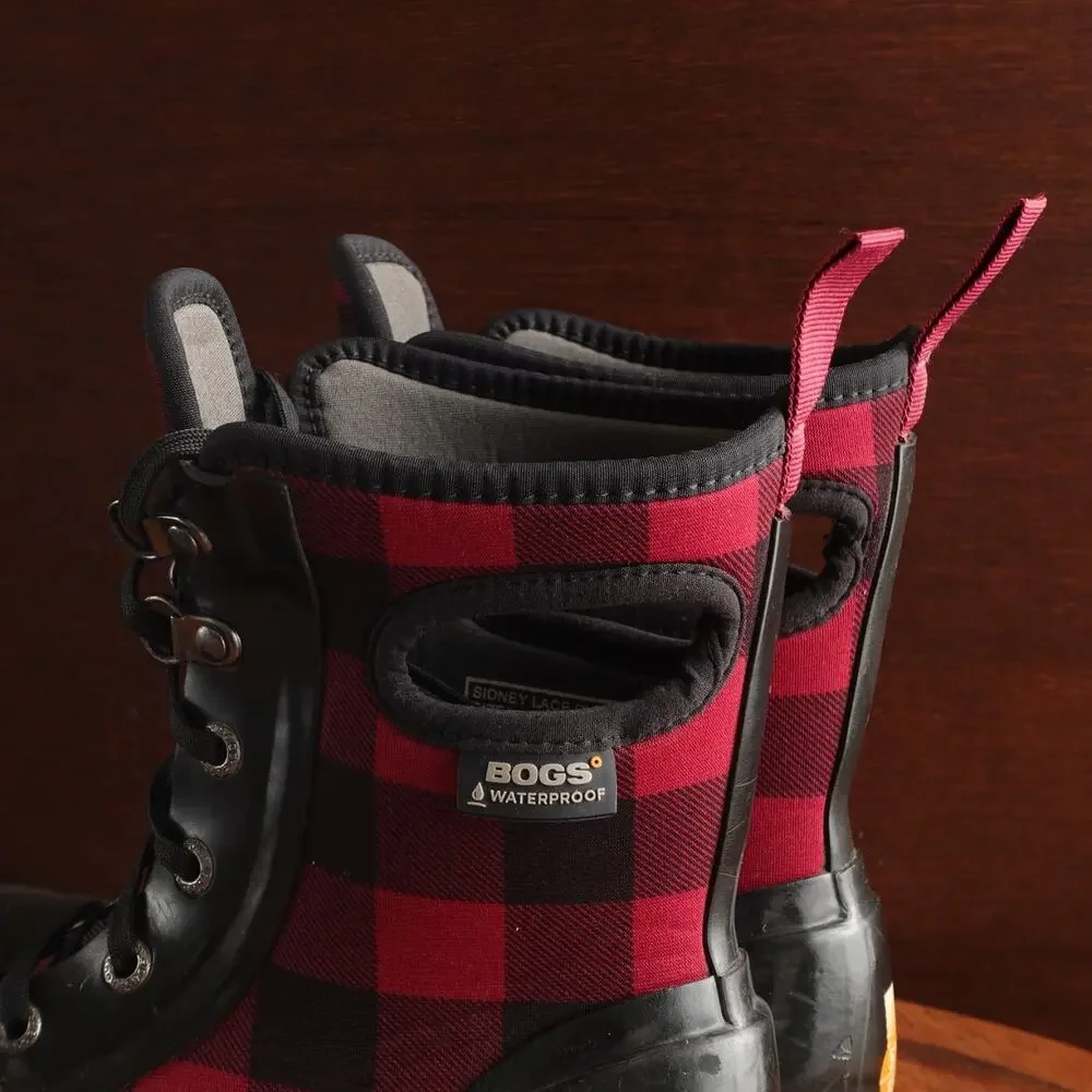 Bogs Boots Youth Size 4 BLK Red Sidney Lace Plaid‎ Rain Waterproof Chore Outdoor